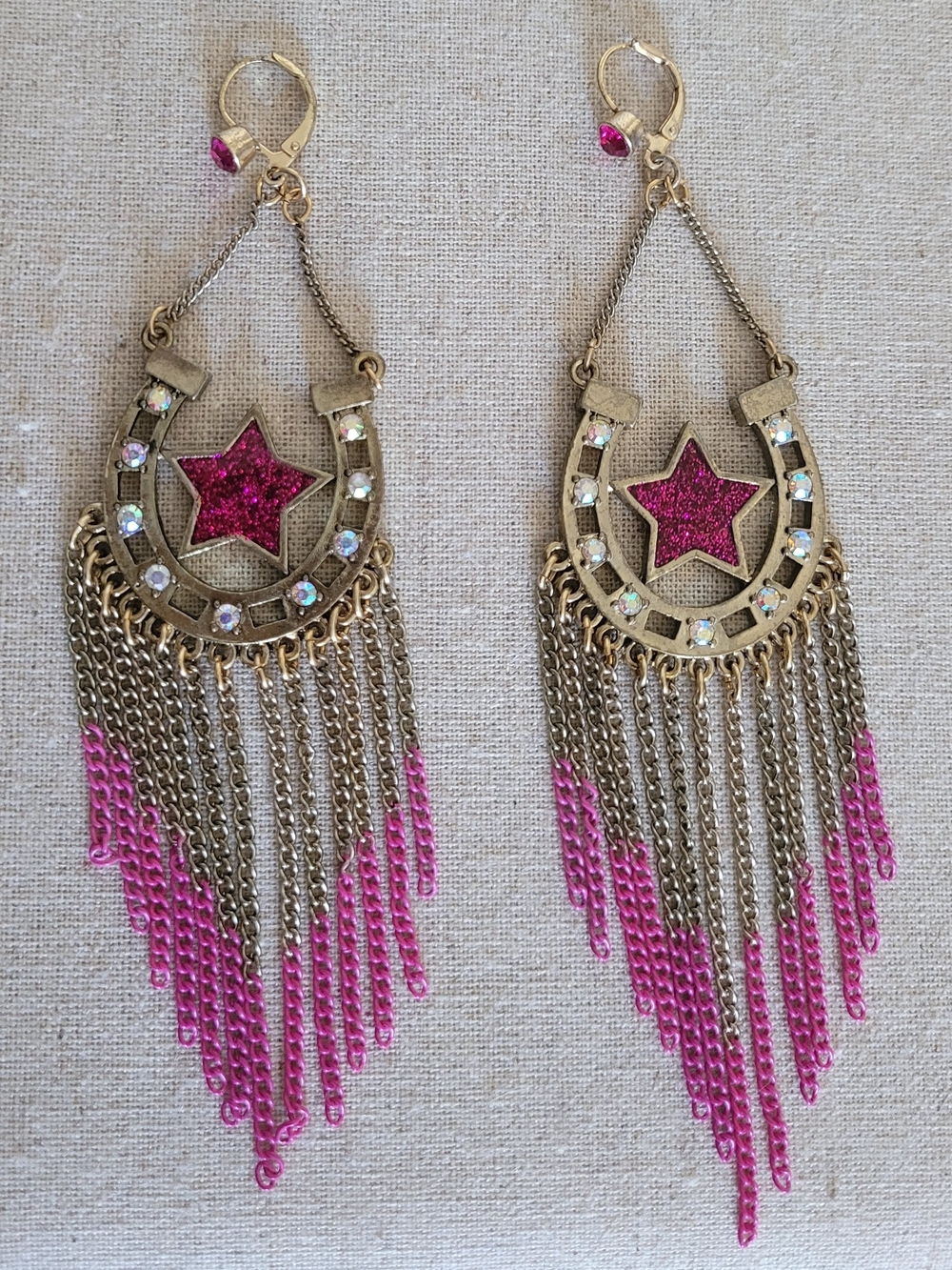 Betsey Johnson Y2K Pink Dipped Gold Fringe Tassel Horseshoe Star Earrings RARE!